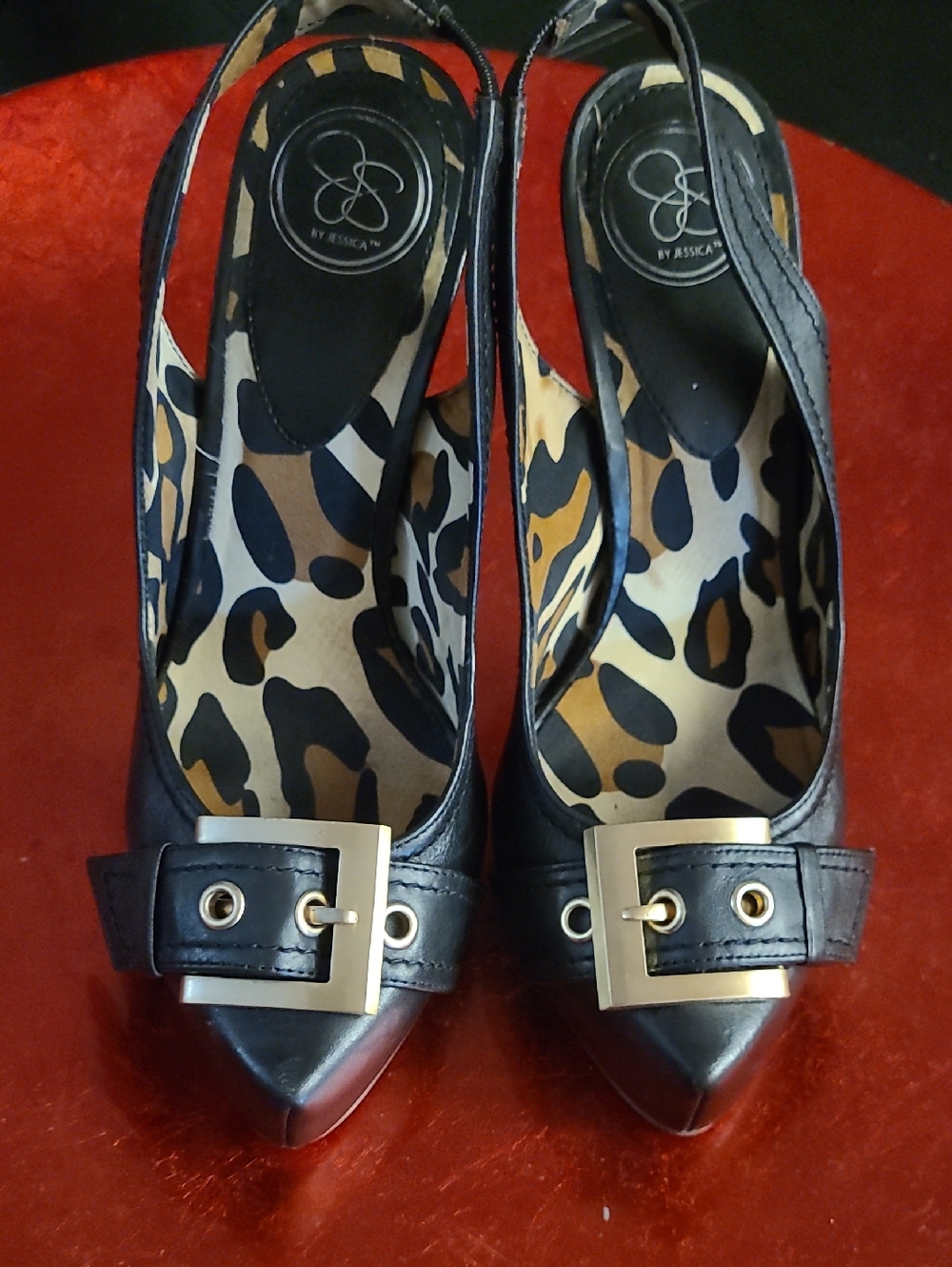 Jessica Simpson Black Leather Pointed Slingback Mules with Gold Buckle